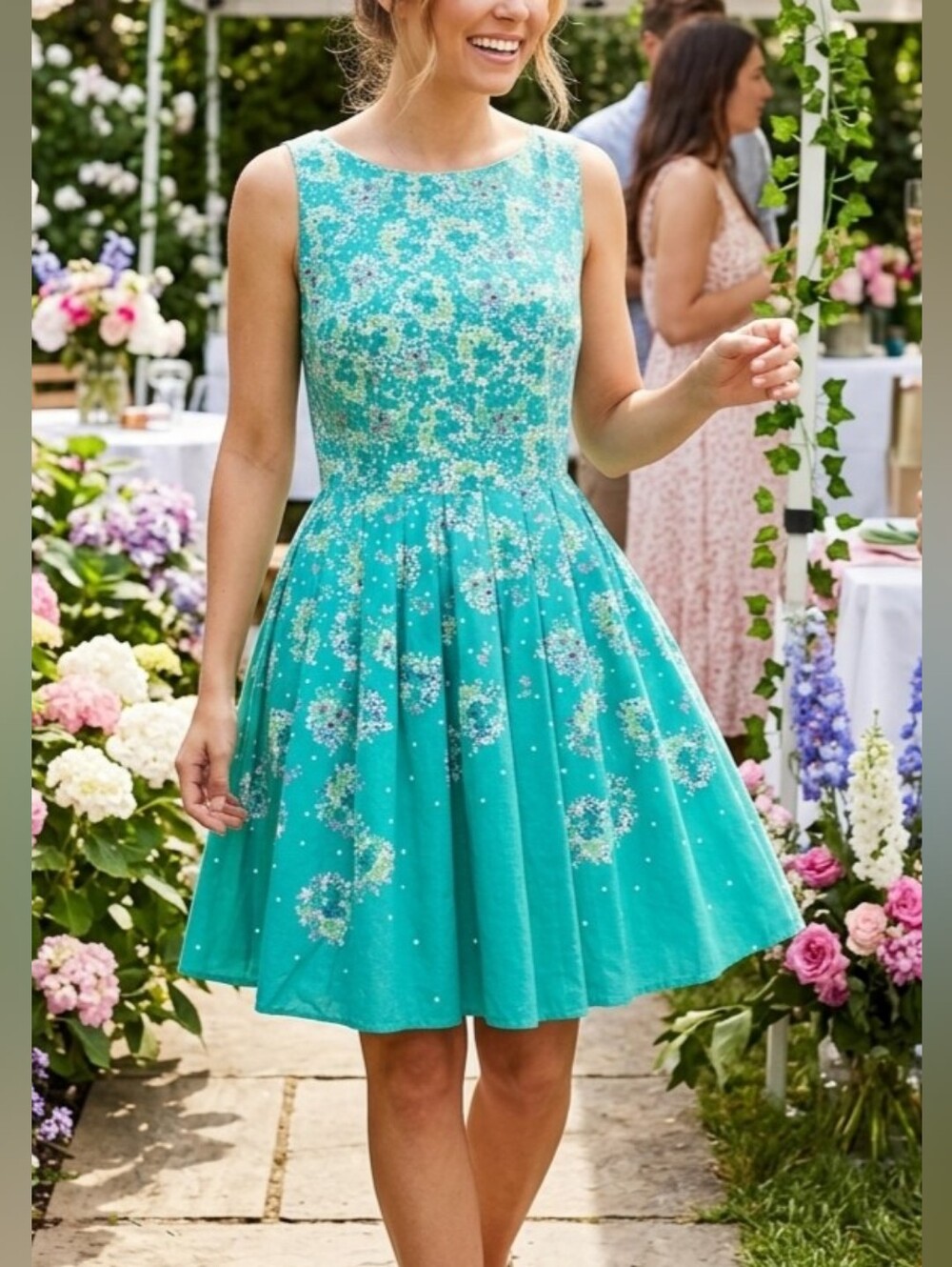 LC Lauren Conrad Teal Floral Fit-and-Flare Midi Dress